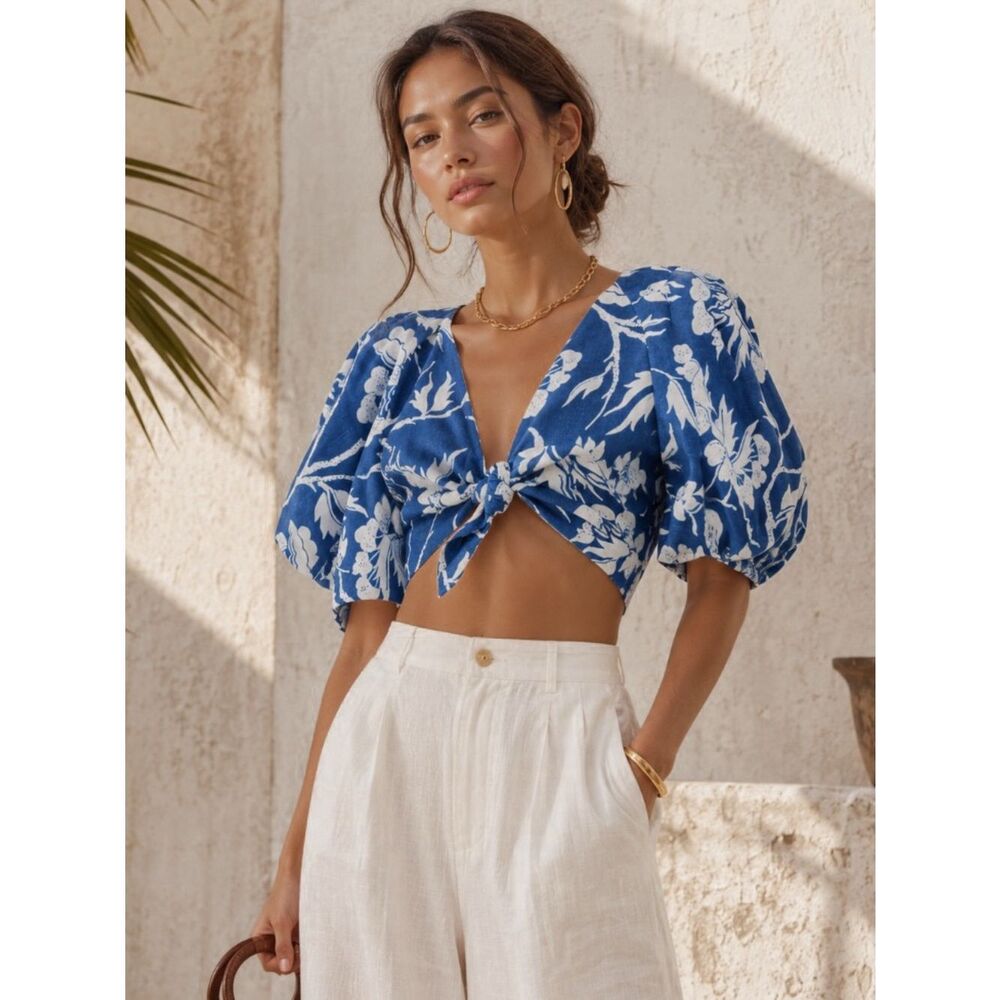 Mara Hoffman Navya Blue White Floral Hemp Tie Front Puff Sleeve Crop Top S